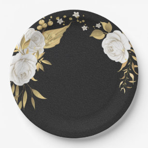 Assiettes En Carton fleur blanche feuilles or noires