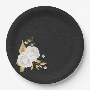 Assiettes En Carton fleur blanche feuilles or noires