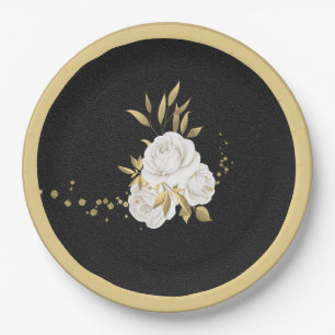 Assiettes En Carton fleur blanche feuilles or noires
