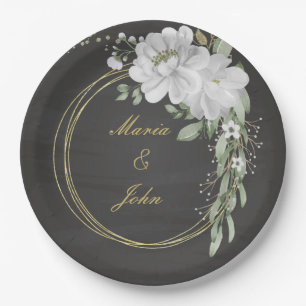 Assiettes En Carton fleur blanche feuilles vertes couronne d'or noir