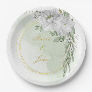 Assiettes En Carton fleur blanche feuilles vertes couronne dorée vert 