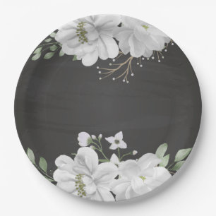 Assiettes En Carton fleur blanche feuilles vertes noires