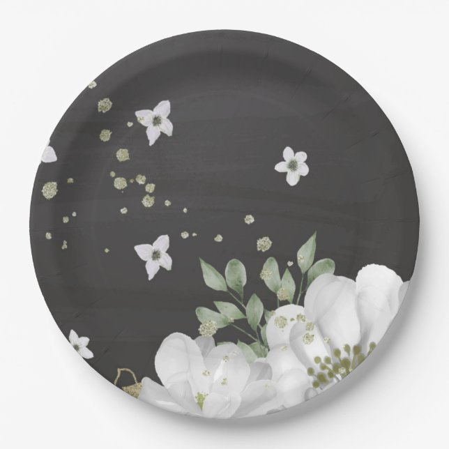 Assiettes En Carton fleur blanche feuilles vertes noires (Devant)