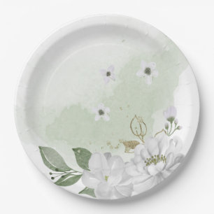 Assiettes En Carton fleur blanche feuilles vertes vert sauge