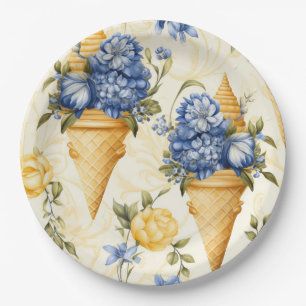 Assiettes En Carton Fleur bleue et glace - ronde