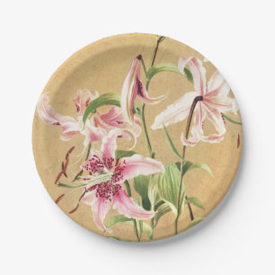Assiettes En Carton Fleur Botanique d'Art de Lys Oriental Rose Vintage