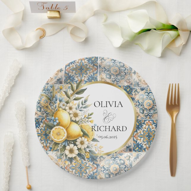 Assiettes En Carton Fleur carrelée méditerranéenne Italien Positano Le (Mariage)