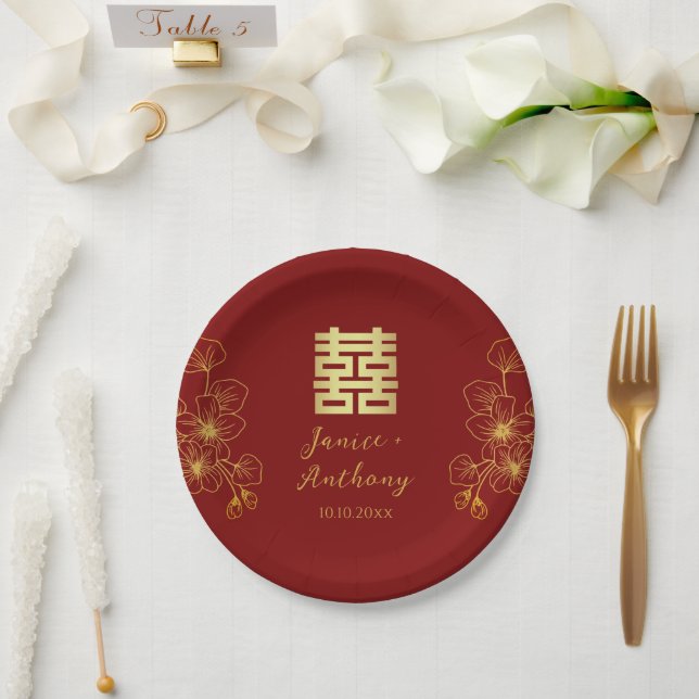 Assiettes En Carton Fleur cerisier ligne mariage chinois double xi (Mariage)