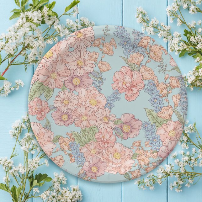 Assiettes En Carton Fleur chic rose et bleu shabby (Créateur téléchargé)