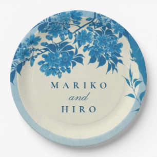 Assiettes En Carton Fleur de cerisier bleu japonais antique