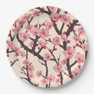Assiettes En Carton Fleur de Cerisier Japonaise Rose Pâle Branche Somb