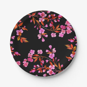 Assiettes En Carton Fleur de cerisier Sakura Floral rose noir