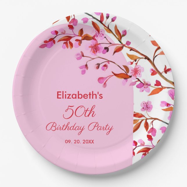 Assiettes En Carton Fleur de cerisier Sakura rose blanc Anniversaire (Devant)