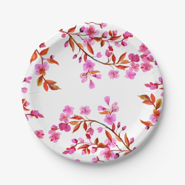 Assiettes En Carton Fleur de cerisier Sakura rose floral blanc (Devant)