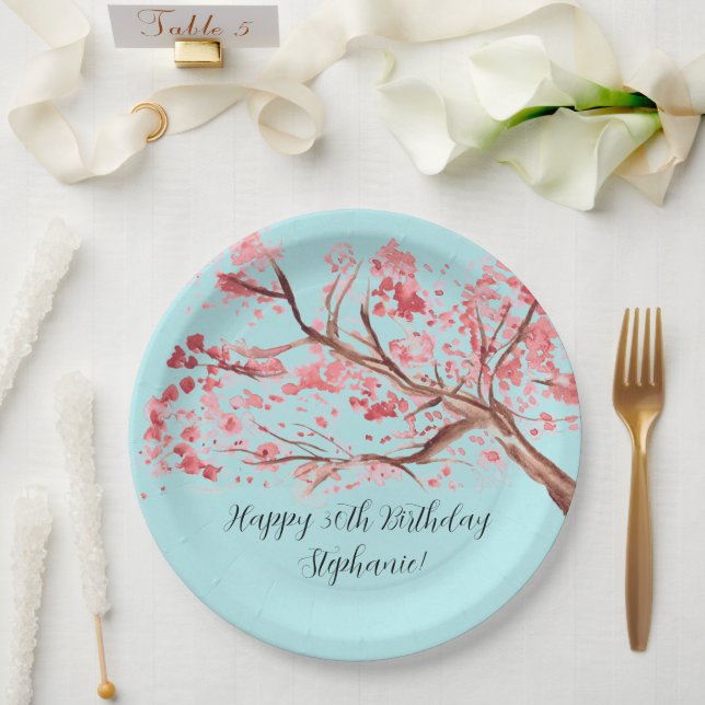 Assiettes En Carton Fleur de cerisier Sakura Rose Turquoise Anniversai (Mariage)