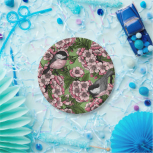 Assiettes En Carton Fleur de cerisiers et poulets verts