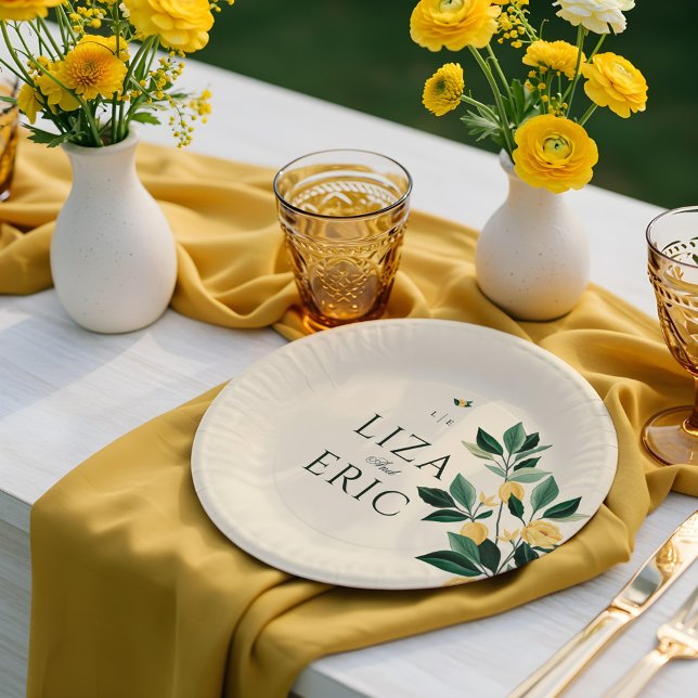 Assiettes En Carton Fleur de citron Arbre Floral Élégant Mariage Jaune (Lemon Blossom Floral Tree Elegant Yellow Wedding Paper Plates)