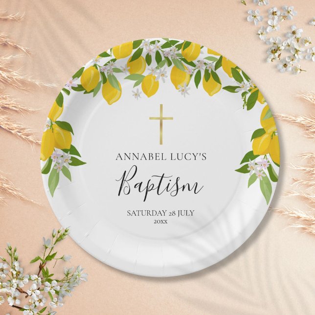Assiettes En Carton Fleur de citron vert Baptême Christening (Lemon Blossom Greenery Baptism Christening Paper Plates)