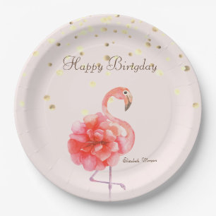 Assiettes En Carton Fleur de flamant rose, confettis dorés