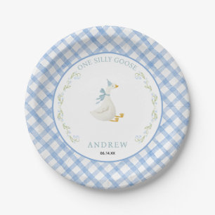 Assiettes En Carton Fleur de Gingham Bleu Une Oie Ridicule 1er Anniver