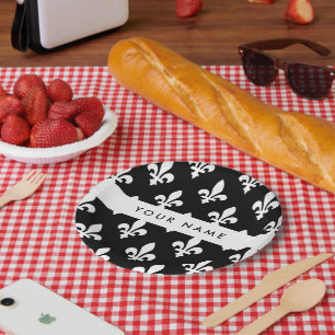 Assiettes En Carton Fleur de Lis, Blanc sur Noir, Blanc, Votre Nom