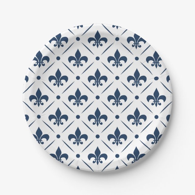 Assiettes En Carton Fleur De Lis bleu foncé motif sur arrière - plan b (Devant)