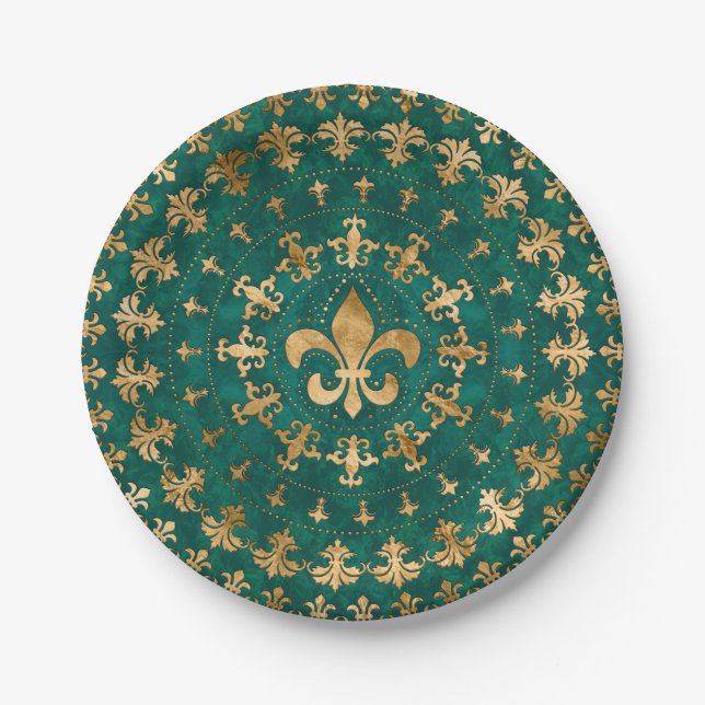 Assiettes En Carton Fleur de lis ornement Emerald Green (Devant)