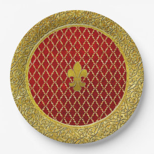 Assiettes En Carton Fleur de lis rouge et or Toute occasion