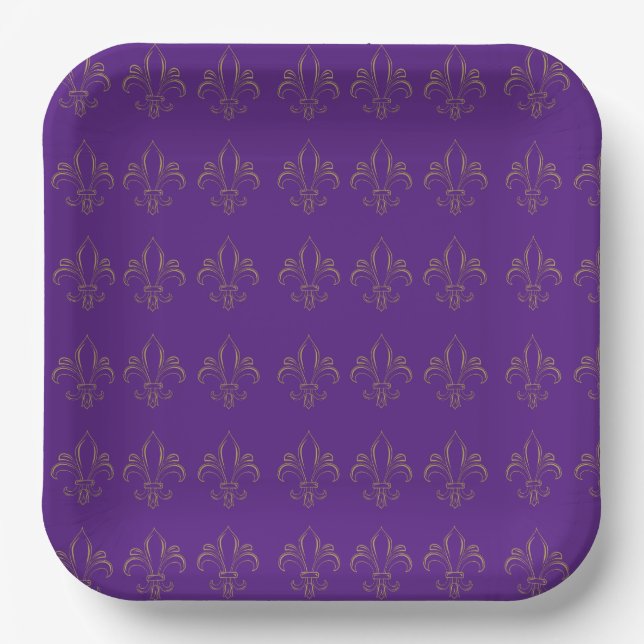 Assiettes En Carton Fleur De Lis Simple Élégant Purple et Or (Recto)
