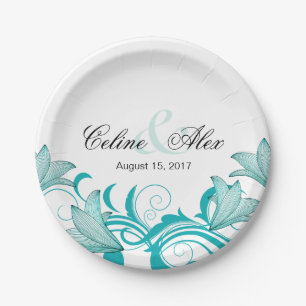 Assiettes En Carton Fleur de Lyrica Floral Mariage   TURQUOISE