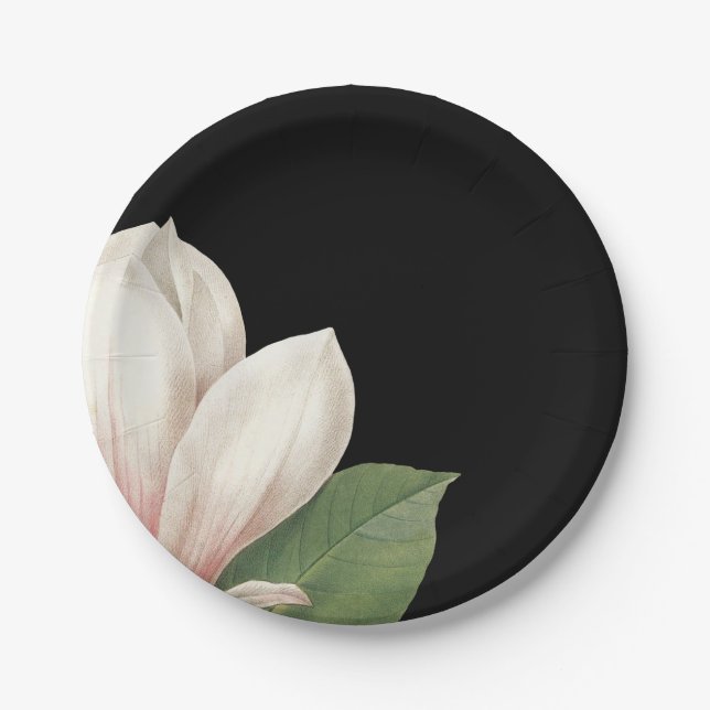 Assiettes En Carton Fleur de Magnolia du Sud | Élégant noir (Devant)