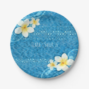 Assiettes En Carton Fleur de Plumeria Tropicale Bleue Fête d'Été