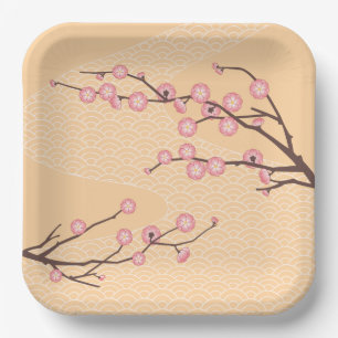 Assiettes En Carton Fleur de prune rose sur jaune
