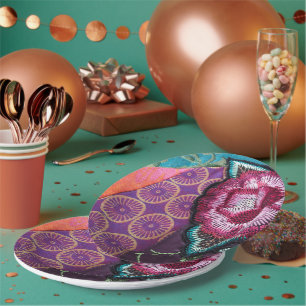 Assiettes En Carton Fleur de rose brodée aspect boho violet