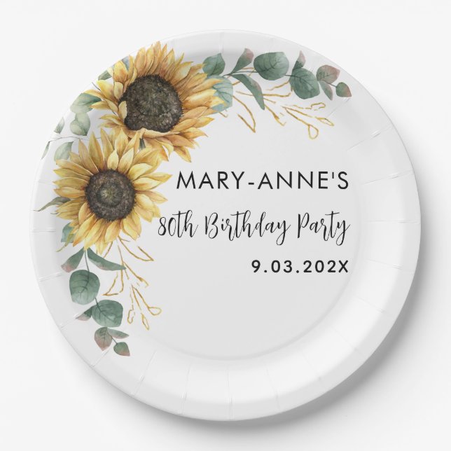 Assiettes En Carton Fleur de tournesol 80e fête d'anniversaire (Devant)