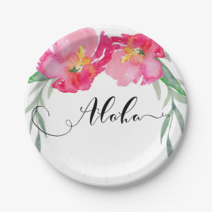 Assiettes En Carton Fleur de vigne verte tropicale rose, fête Aloha