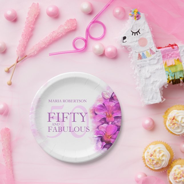 Assiettes En Carton Fleur d'orchidée aquarelle 50e anniversaire nom pe (Fête)