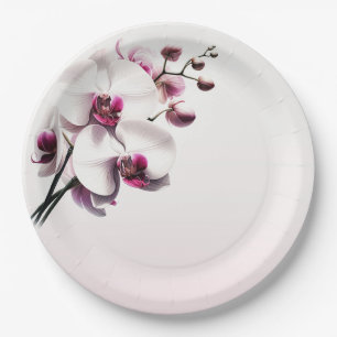 Assiettes En Carton Fleur d'orchidée rose et blanche de mariage