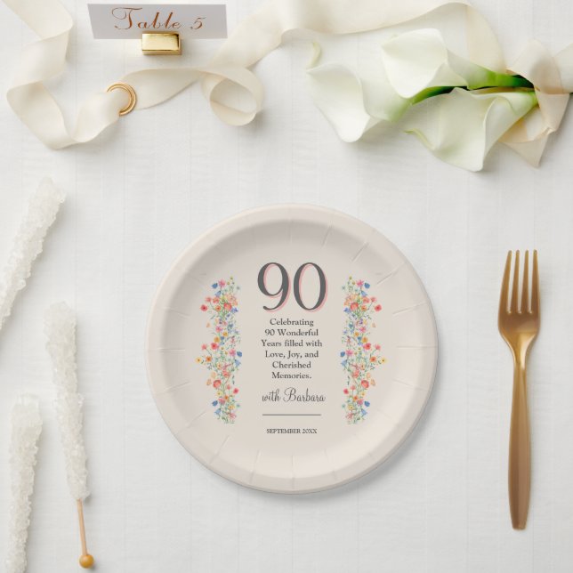 Assiettes En Carton Fleur élégante 90 ans Fête Florale 90e anniversair (Mariage)