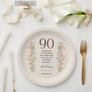 Assiettes En Carton Fleur élégante 90 ans Fête Florale 90e anniversair