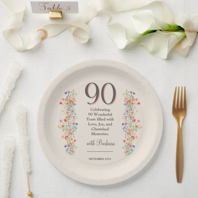 Assiettes En Carton Fleur élégante 90 ans Fête Florale 90e anniversair (Mariage)
