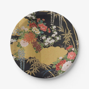 Assiettes En Carton Fleur florale japonaise Kimono noir et or