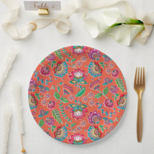 Assiettes En Carton Fleur folklorique motif floral orange vif mariage