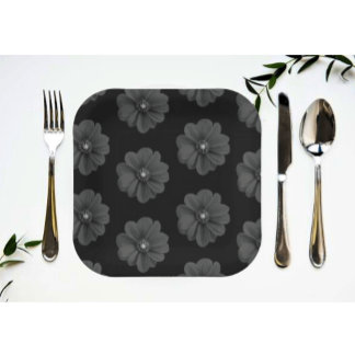 Assiettes En Carton "Fleur illustrée en Motif gris-noir"