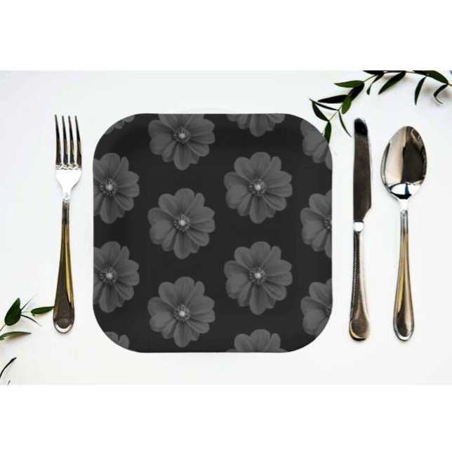Assiettes En Carton "Fleur illustrée en Motif gris-noir" (Créateur téléchargé)