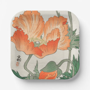 Assiettes En Carton Fleur japonaise vintage de pavot orange, Ohara Kos