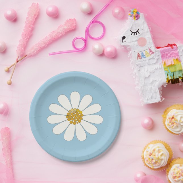 Assiettes En Carton Fleur marguerite moderne blanche et bleu rétro (Fête)
