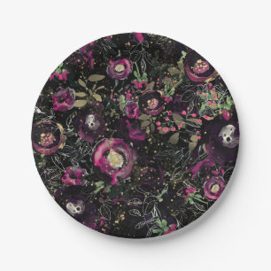 Assiettes En Carton Fleur moderne de prune de baie sombre et lunatique