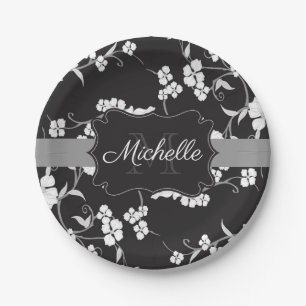 Assiettes En Carton Fleur noir et blanc