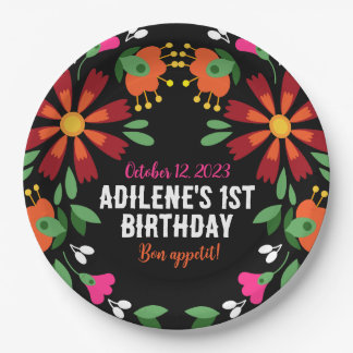 Assiettes En Carton Fleur noire ethnique Fiesta mexicaine Broderie mex